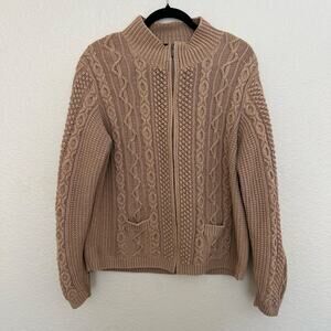 Lands’ End, Cable Knit Zip Cardigan Sweater, Beige, Cotton, Classic Cozy Knit